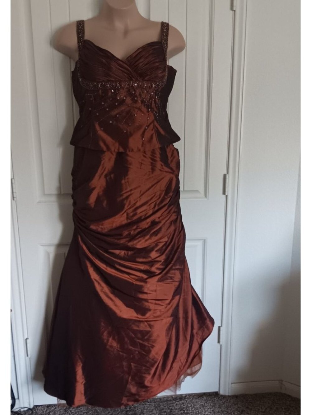 Fiesta 2XL Copper Brown Beaded Gown With Ruched Skirt & Spaghetti Straps